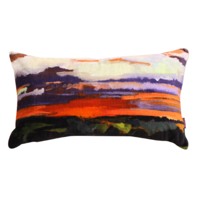 sunset art cushion orange and purple and green printed image on cotton velvet with plain velvet reverse making a fresh and virbrant art statement on sofas chairs or in the bedroom