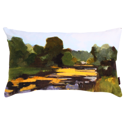 green velvet rectangular landscape cushion with yellow green blue and purple printed river scene design art painting