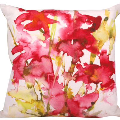 Red velvet handmade cushion with linen union Gladioli art design